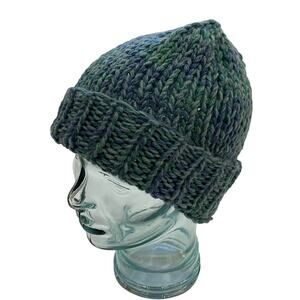 Blue Green Hand Knit Chunky Knit Cuffed Beanie / Hat, OS
